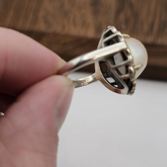 Size 6.25 Sterling Silver Large Genuine Pearl With Marcasite's Ring A866 - Picture 4 of 8